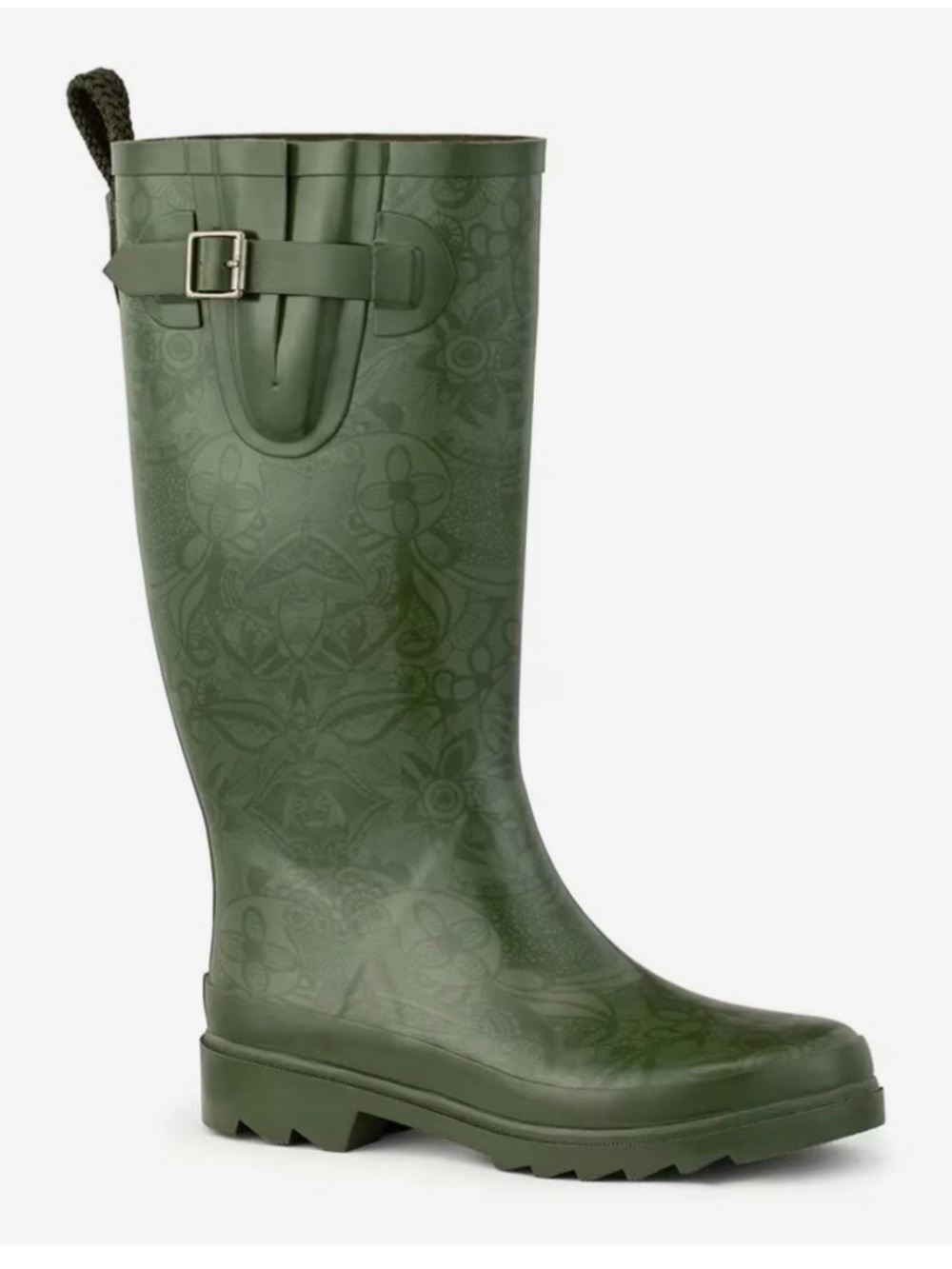 New! In box! Sakroots Olive Green Tall Rain Boots with Subtle Floral Embossing